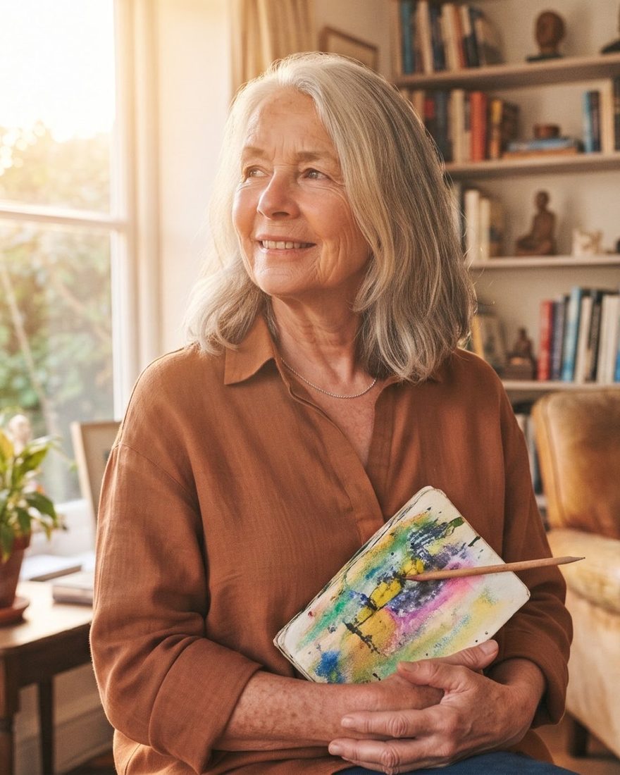 Smiling older woman at home holding her watercolour artwork